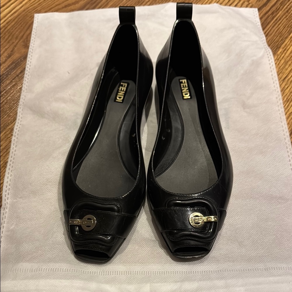 Fendi Black and Gold Flats with Peep-Toe Design